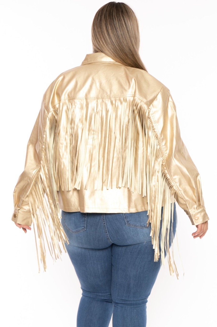 Outerwear GEE GEE | Plus Size Tiffany Fringe Metallic Jacket Gold