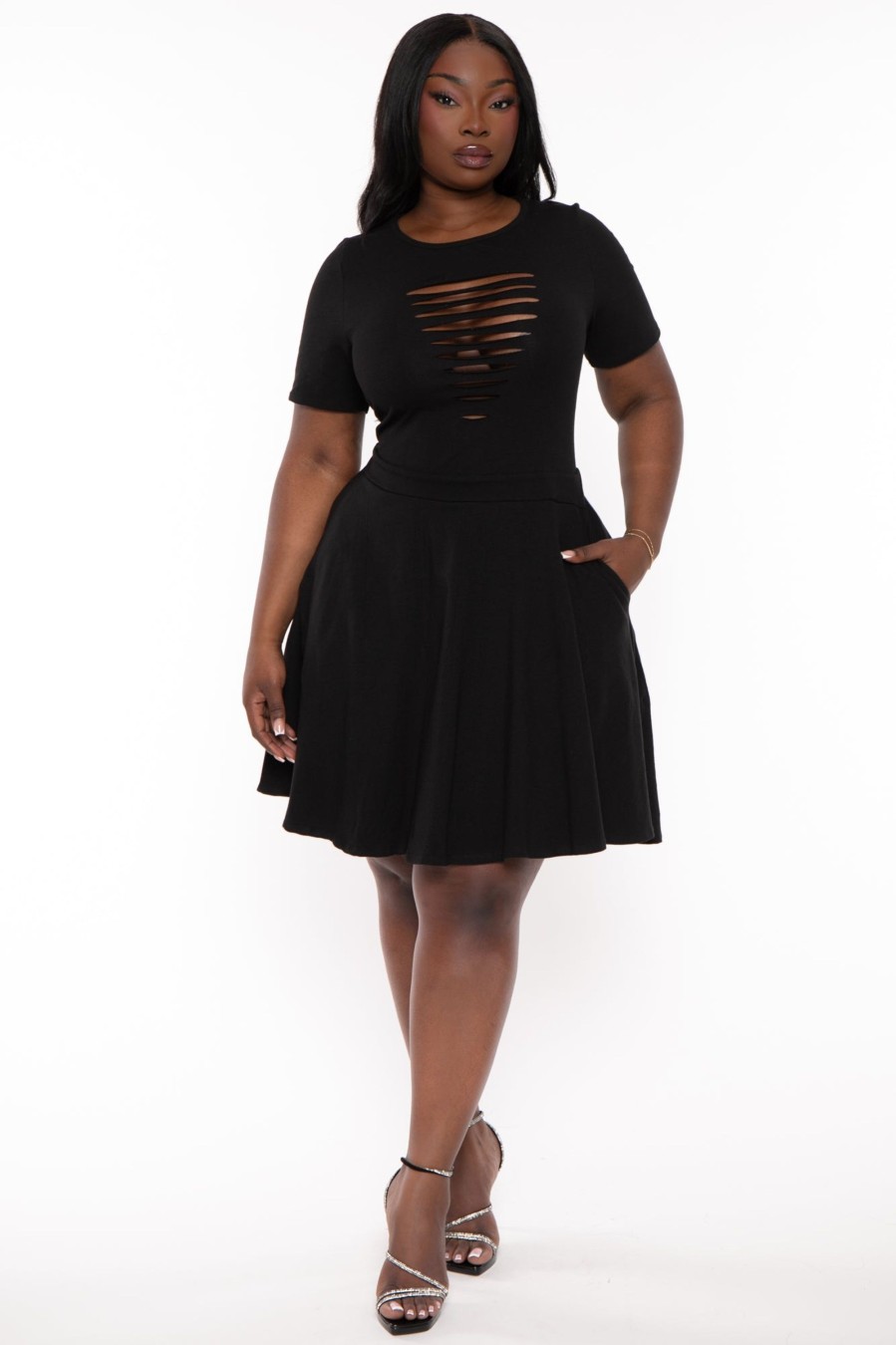 Little Black Styles Curvy Sense | Plus Size Amaira Destructed Flare Dress Black