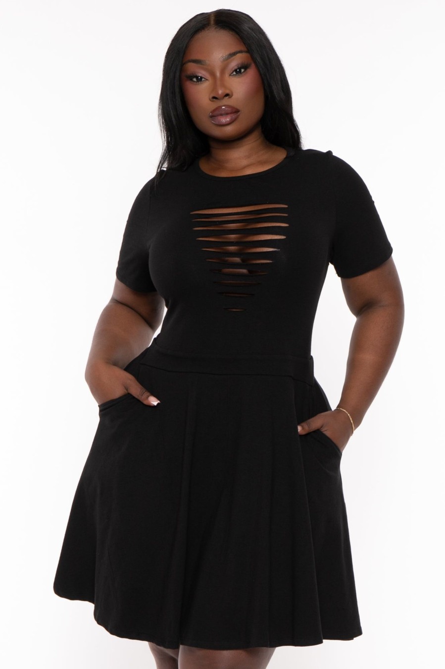 Little Black Styles Curvy Sense | Plus Size Amaira Destructed Flare Dress Black