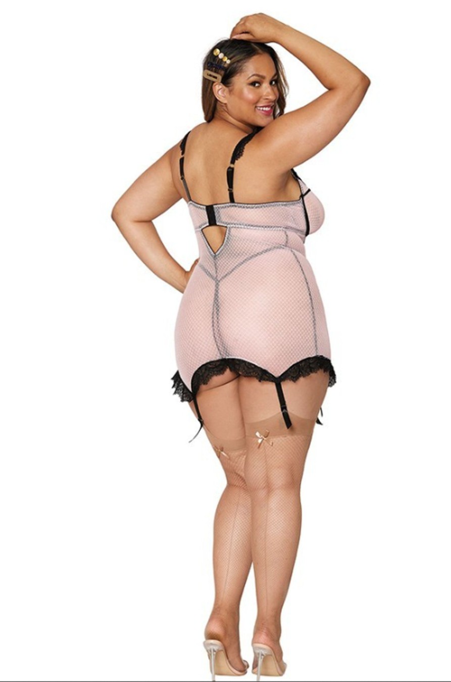 Intimates DOONA DI CAPRI | Plus Size Diamond Stretch Mesh Garter Slip And G-String Set Blush