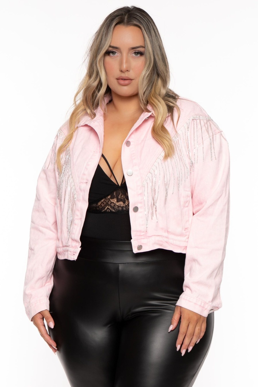 Outerwear Sweet Generis | Plus Size Crop Rhinestone Denim Jacket Pink