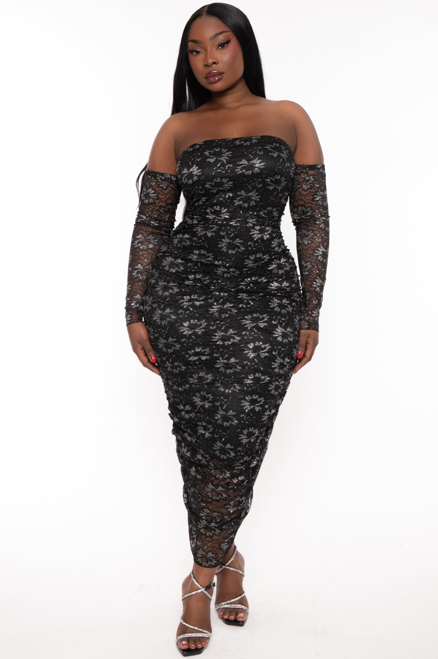 Little Black Styles Curvy Sense | Plus Size Aaliyah Lurex Mesh Midi Dress Black