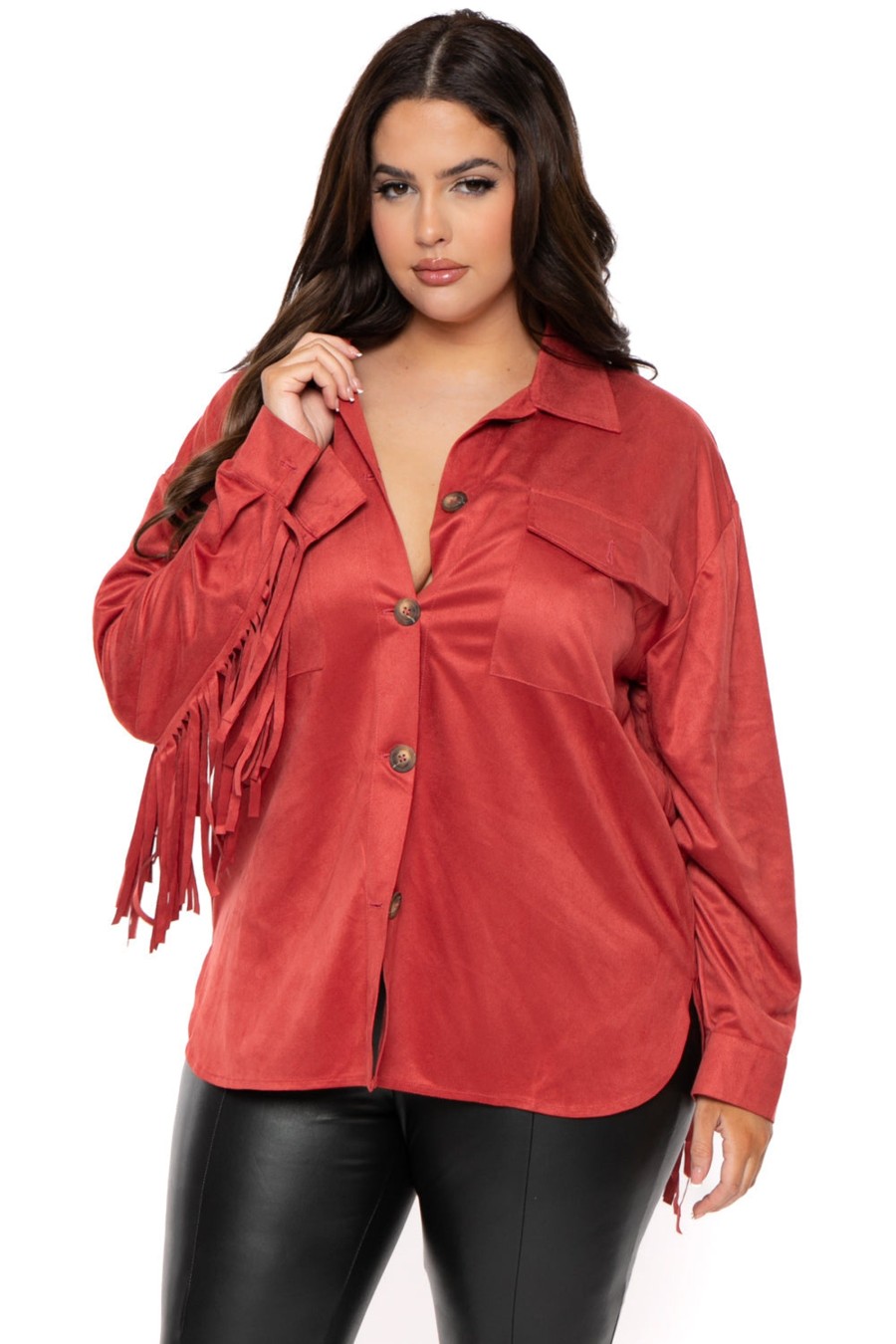 Outerwear Sweet Generis | Plus Size Suede Fringe Shirt Jacket Red