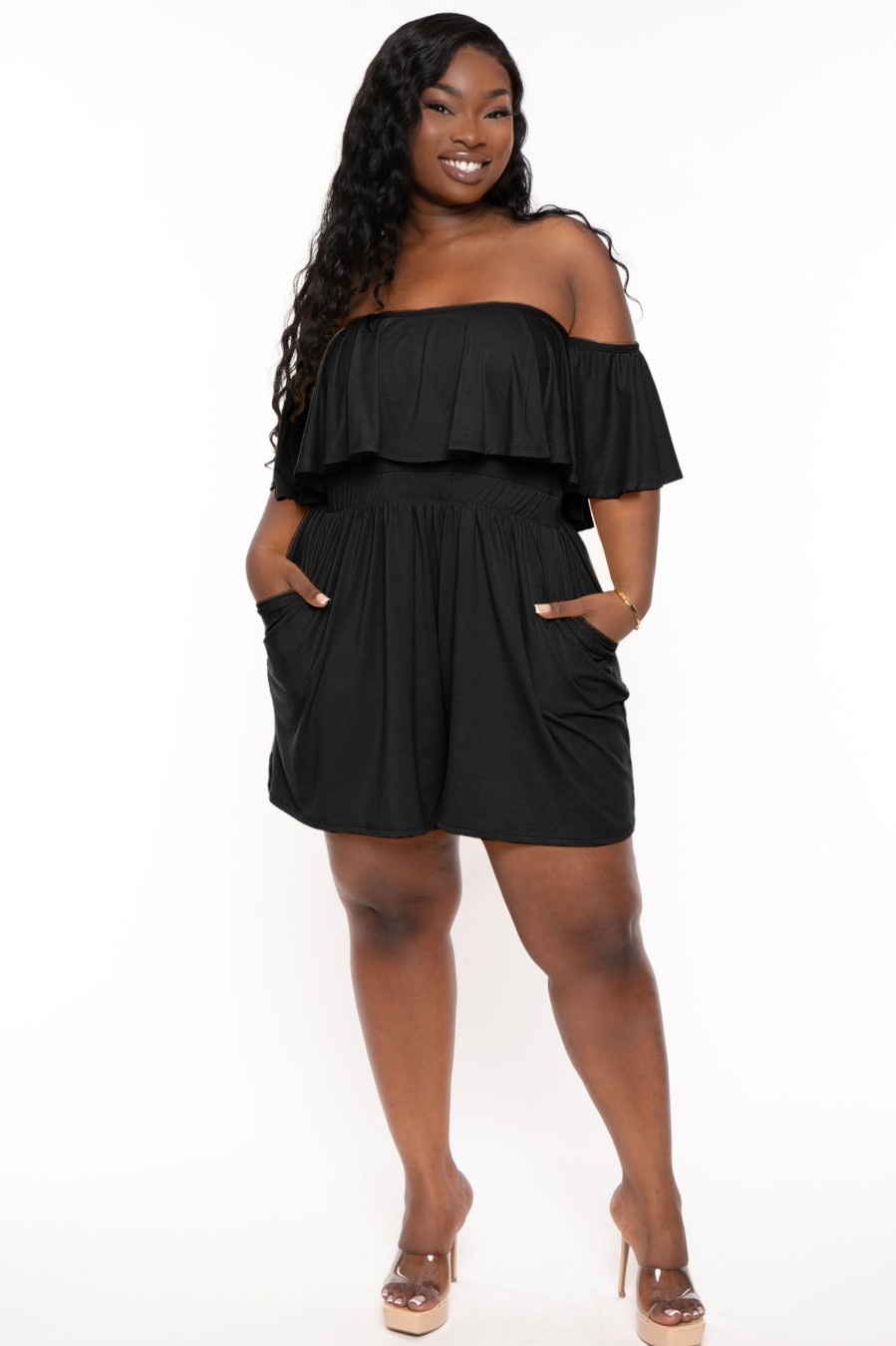 Little Black Styles Curvy Sense | Plus Size Afina Off The Shoulder Romper Black