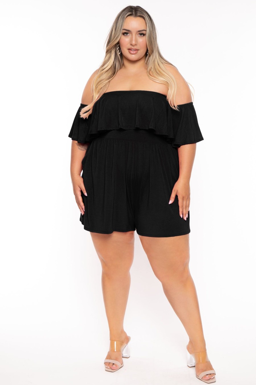 Little Black Styles Curvy Sense | Plus Size Afina Off The Shoulder Romper Black