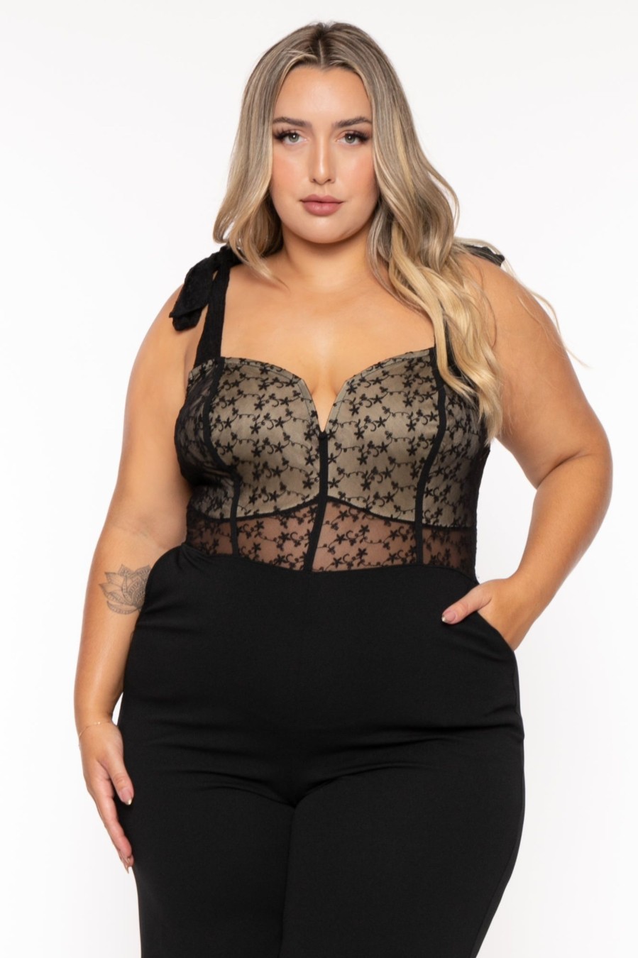 Little Black Styles Curvy Sense | Plus Size Esme Lace Top Jumpsuit Black