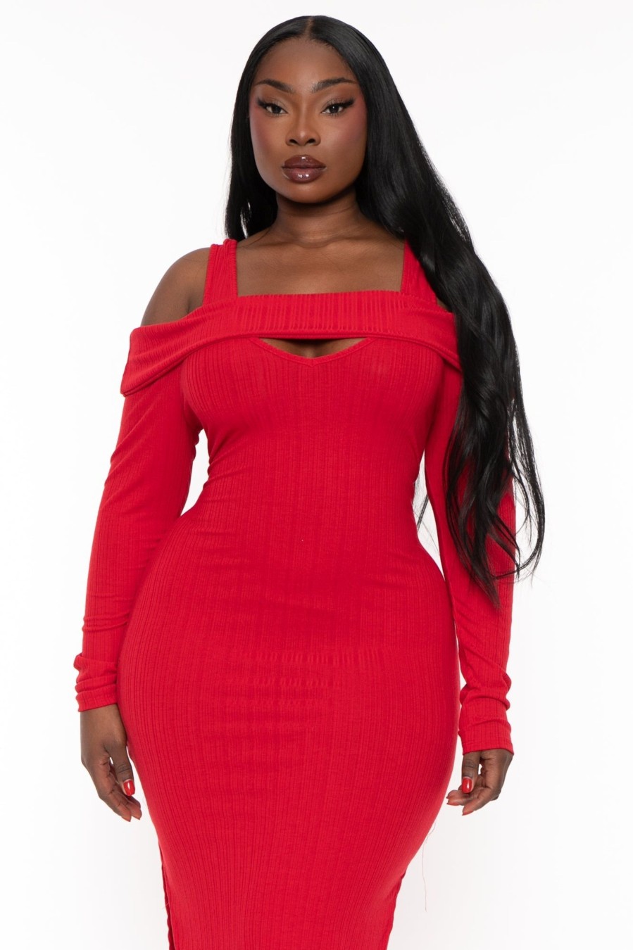 Dresses Curvy Sense | Plus Size Irie Cold Shoulder Midi Dress Red