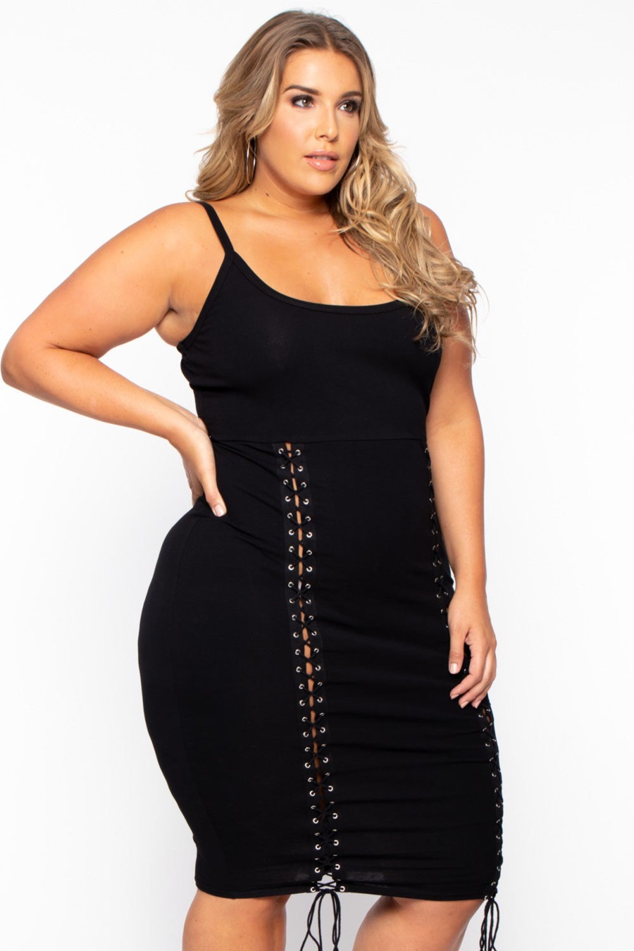 Little Black Styles Curvy Sense | Plus Size Bodycon Grommet Lace Up Dress Black