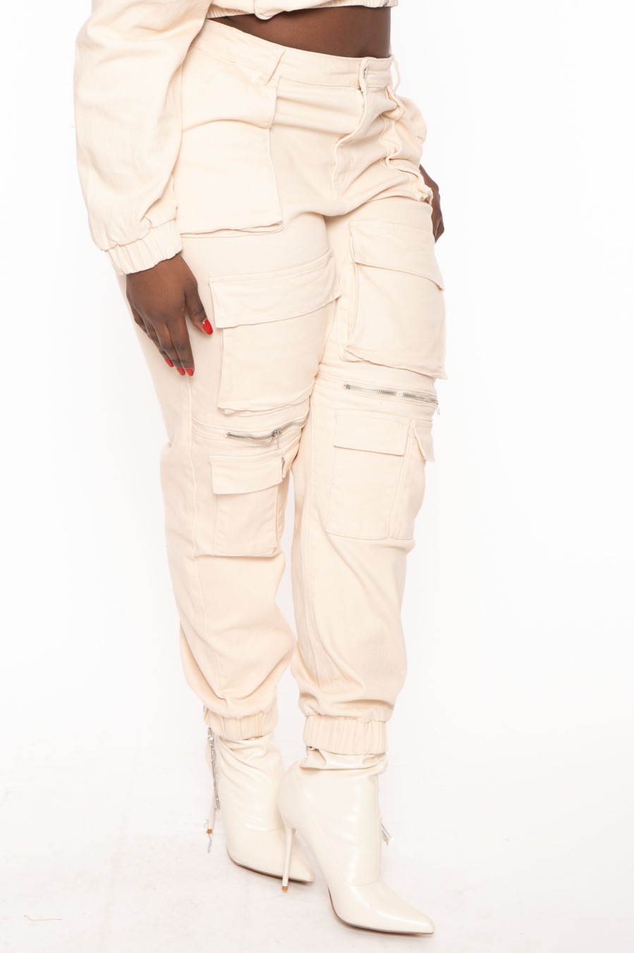 Jeans & Denim American Bazi | Plus Size High Rise Utility Cargo Jogger Ivory