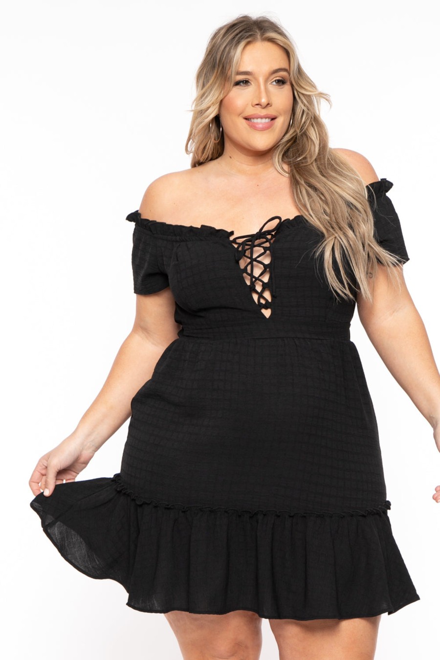 Little Black Styles Curvy Sense | Plus Size Adella Lace Up Ruffle Dress Black