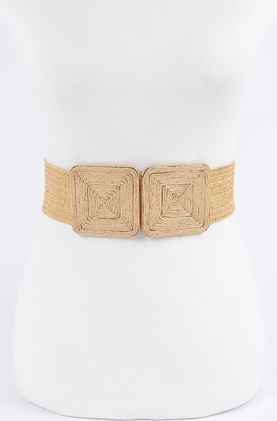 Accessories Hu0026D | Plus Size Faux Straw Two Buckle Elastic Belt Tan