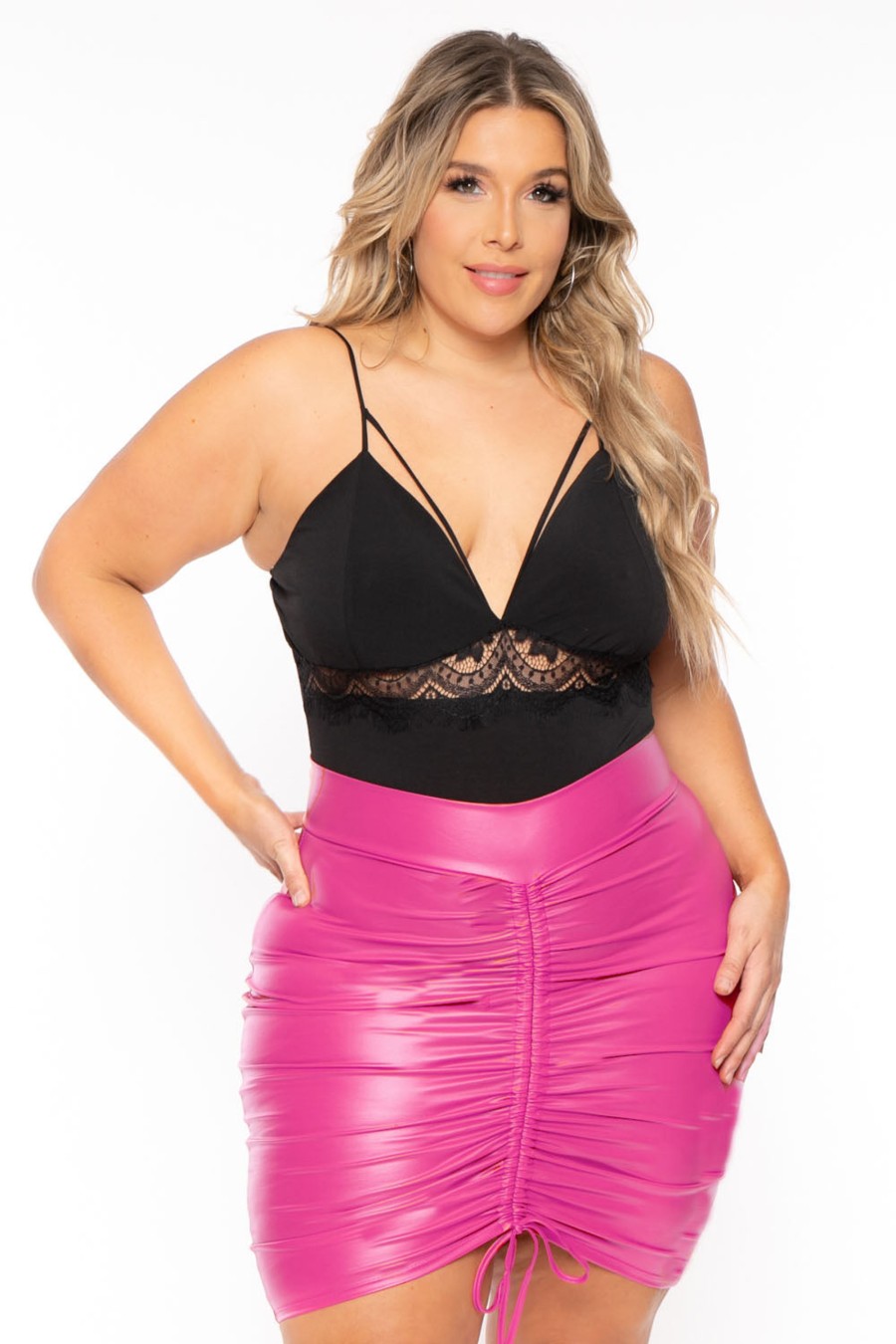 Bottoms D ROCK | Plus Size Faux Leather Drawstring Skirt Pink