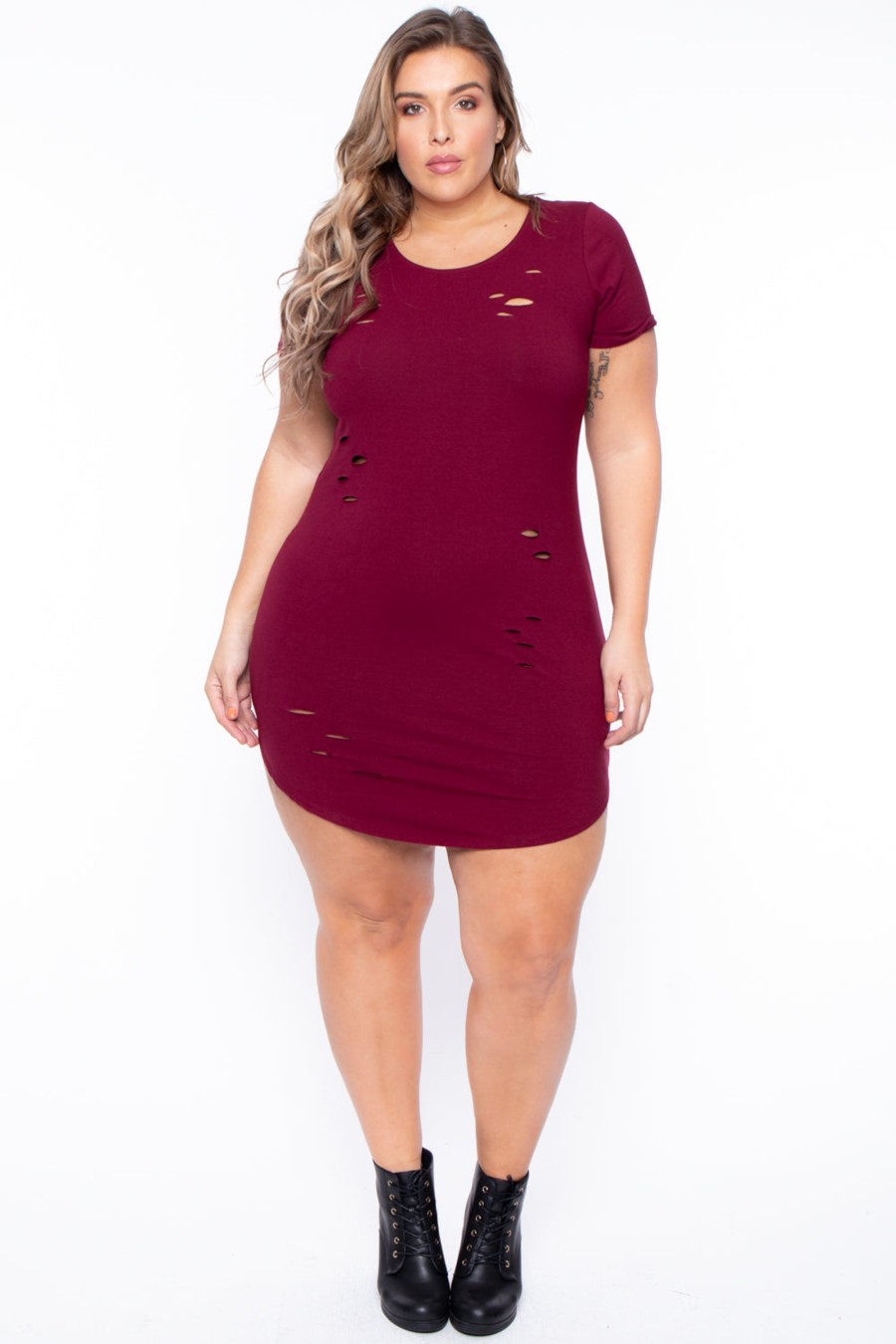 Dresses Curvy Sense | Plus Size Destroyed Tee Dress Burgundy