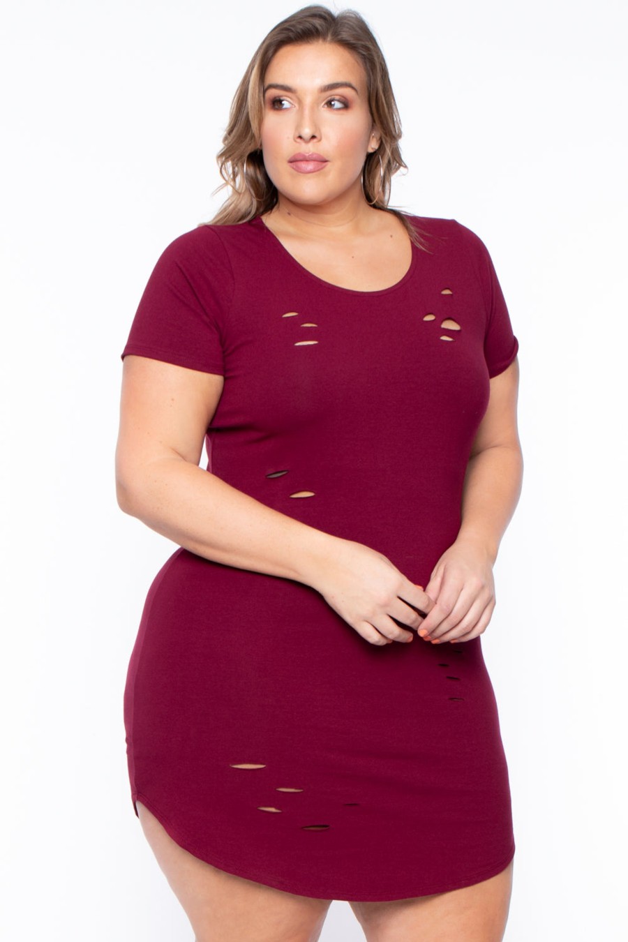 Dresses Curvy Sense | Plus Size Destroyed Tee Dress Burgundy