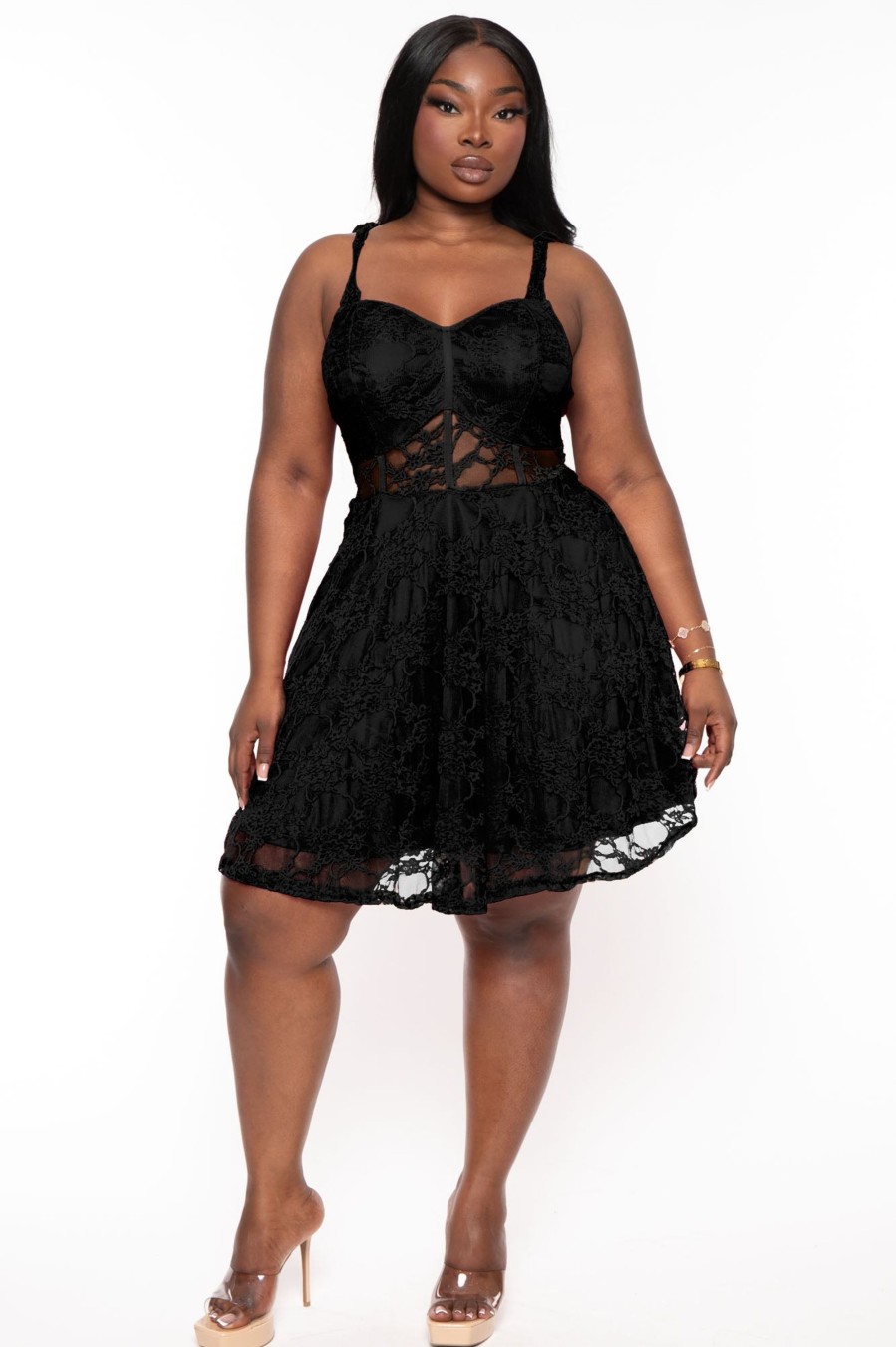 Little Black Styles Curvy Sense | Plus Size Esmeralda Lace Corset Flare Dress Black