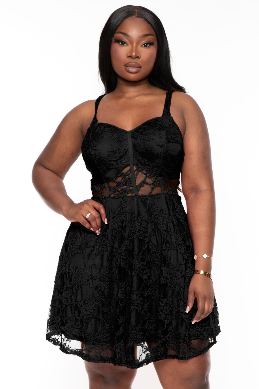 Little Black Styles Curvy Sense | Plus Size Esmeralda Lace Corset Flare Dress Black