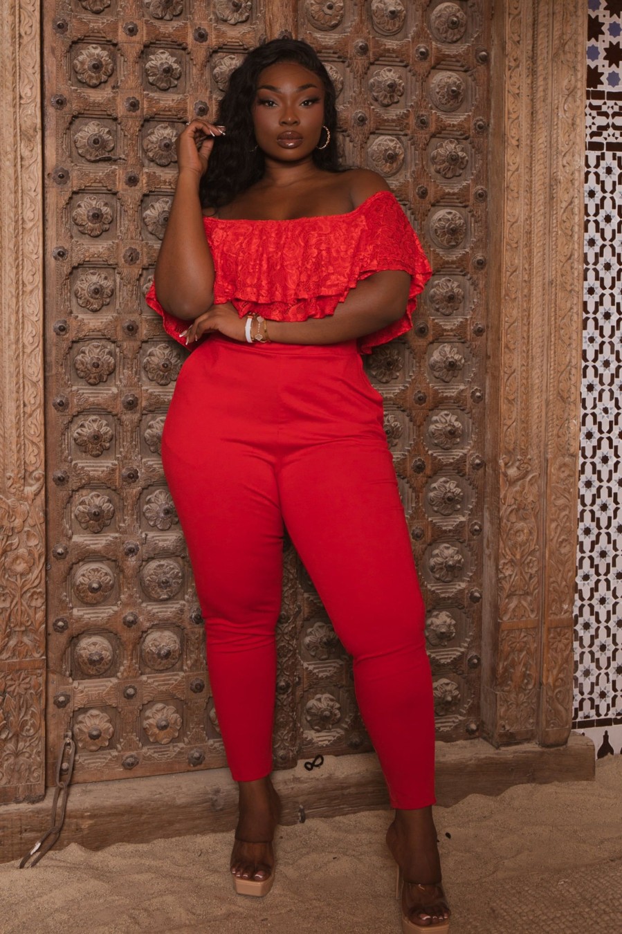 Jumpsuits & Rompers Curvy Sense | Plus Size Rosalinda Frill Lace Jumpsuit Red