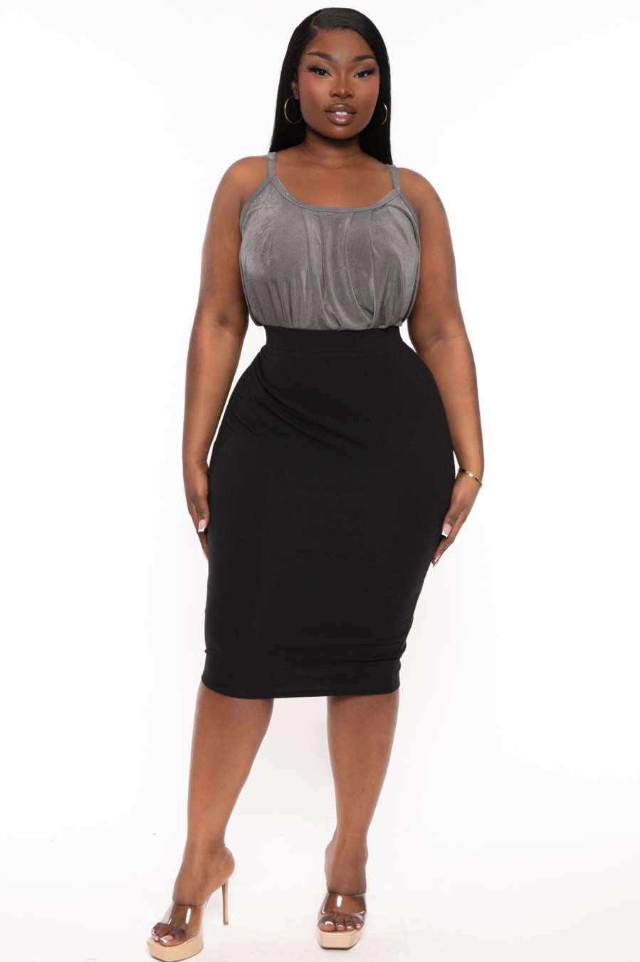 Little Black Styles Curvy Sense | Plus Size Audette Stretch Midi Skirt Black