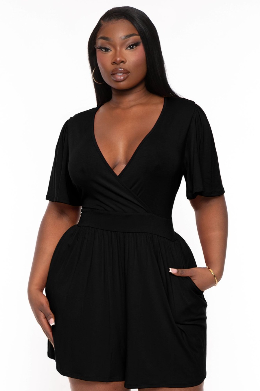 Jumpsuits & Rompers Curvy Sense | Plus Size Brianna Surplice Romper Black