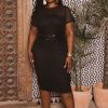 Dresses Curvy Sense | Plus Size Zelie Belted Mesh Midi Dress Black