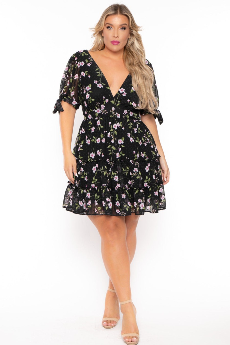 Little Black Styles Curvy Sense | Plus Size Emma Floral Back Tie Dress Black