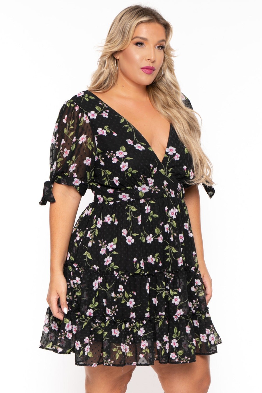 Little Black Styles Curvy Sense | Plus Size Emma Floral Back Tie Dress Black