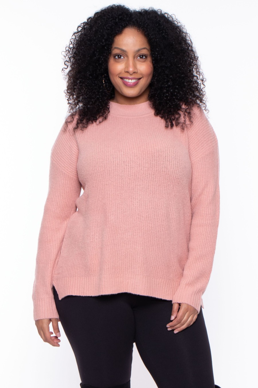 Tops Ambiance | Plus Size High Neck Knitted Sweater Mauve