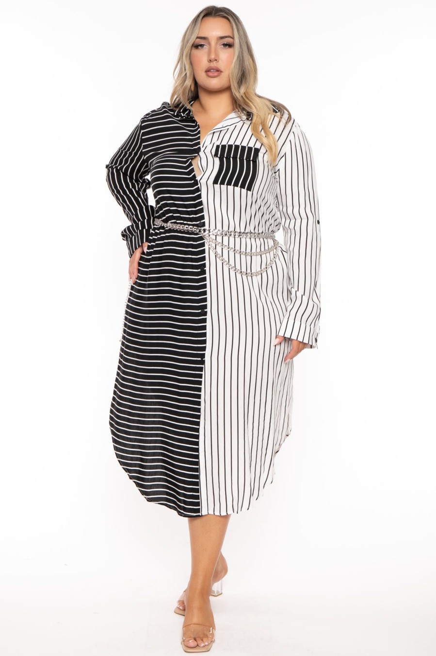 Dresses Dress Day | Plus Size Janey Shirt Midi Dress White/Black