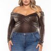 Tops Gibiu | Plus Size Glitter Cross Wrap Bodysuit Brown