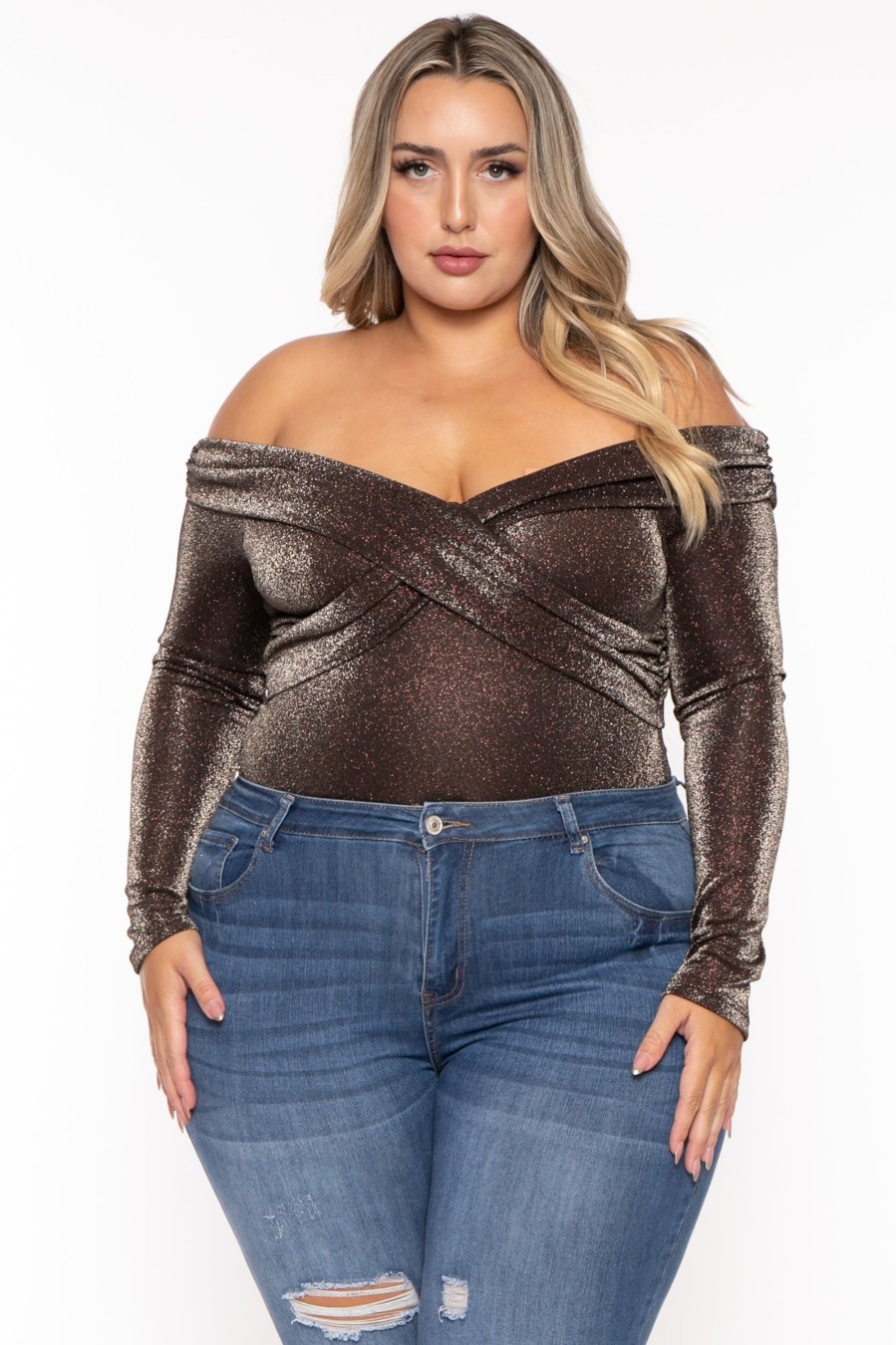 Tops Gibiu | Plus Size Glitter Cross Wrap Bodysuit Brown