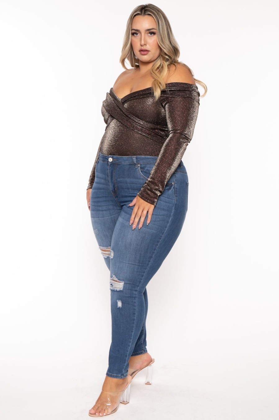 Tops Gibiu | Plus Size Glitter Cross Wrap Bodysuit Brown