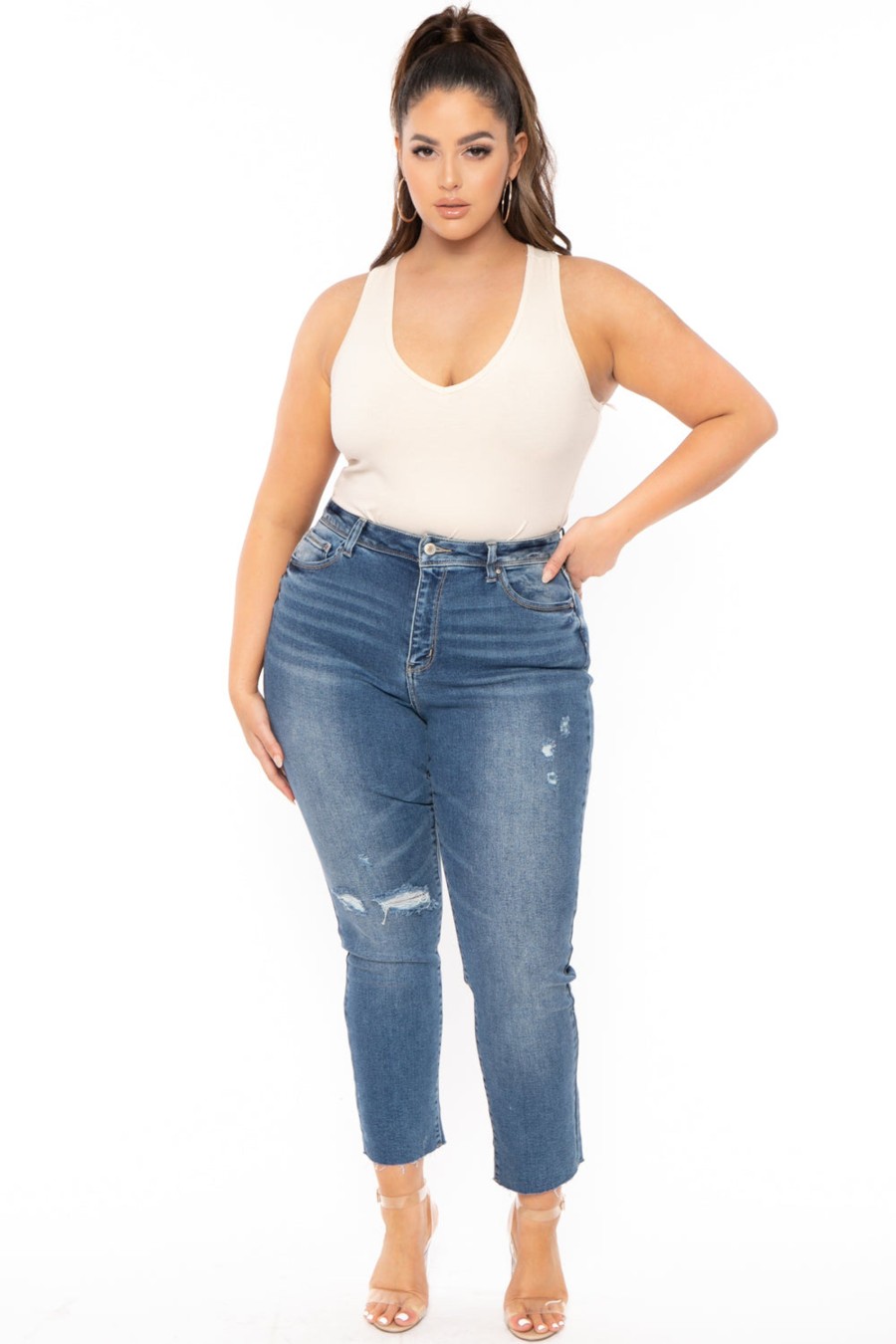 Jeans & Denim Wax Jean | Plus Size High Rise Raw Hem Jean Medium Wash