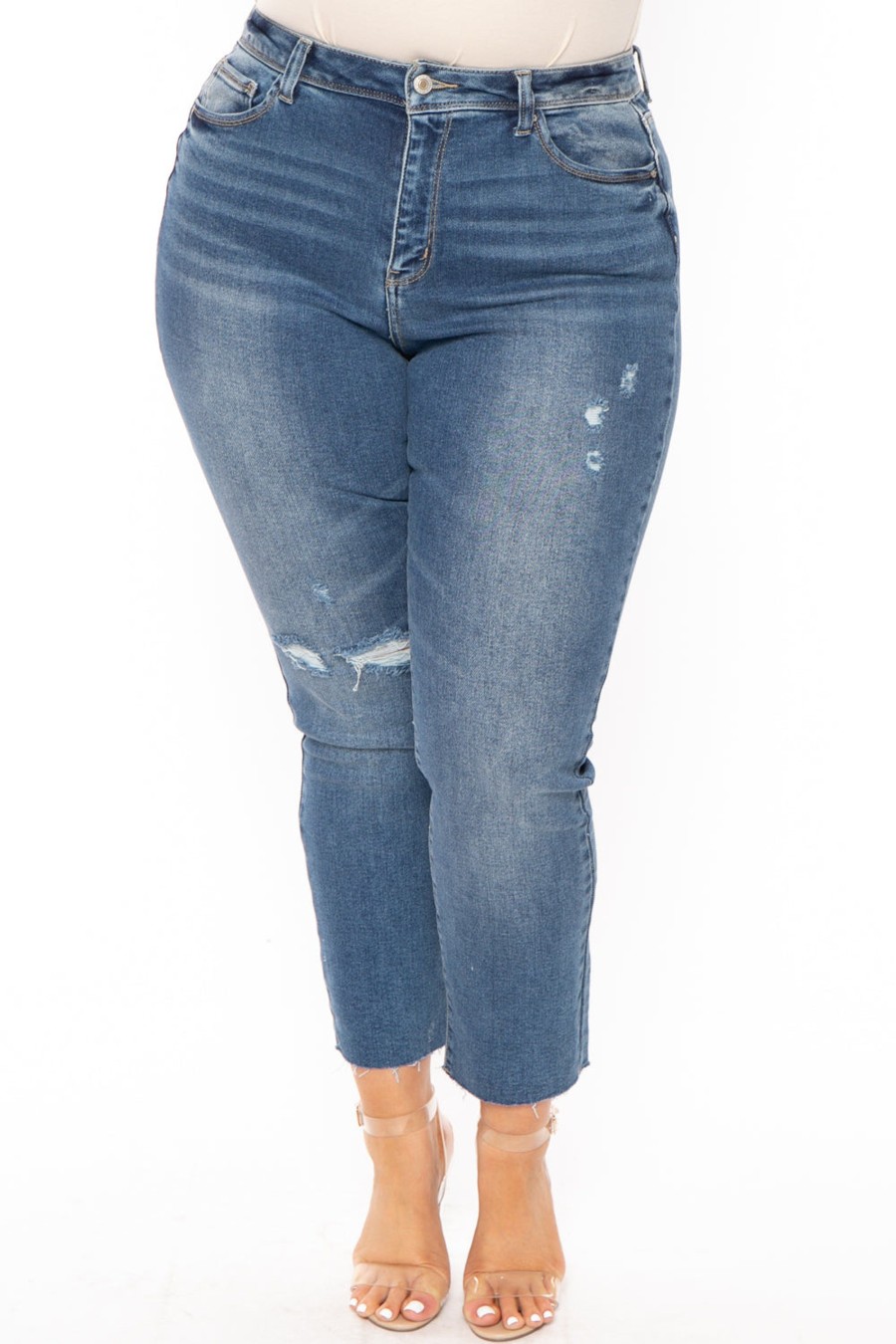 Jeans & Denim Wax Jean | Plus Size High Rise Raw Hem Jean Medium Wash