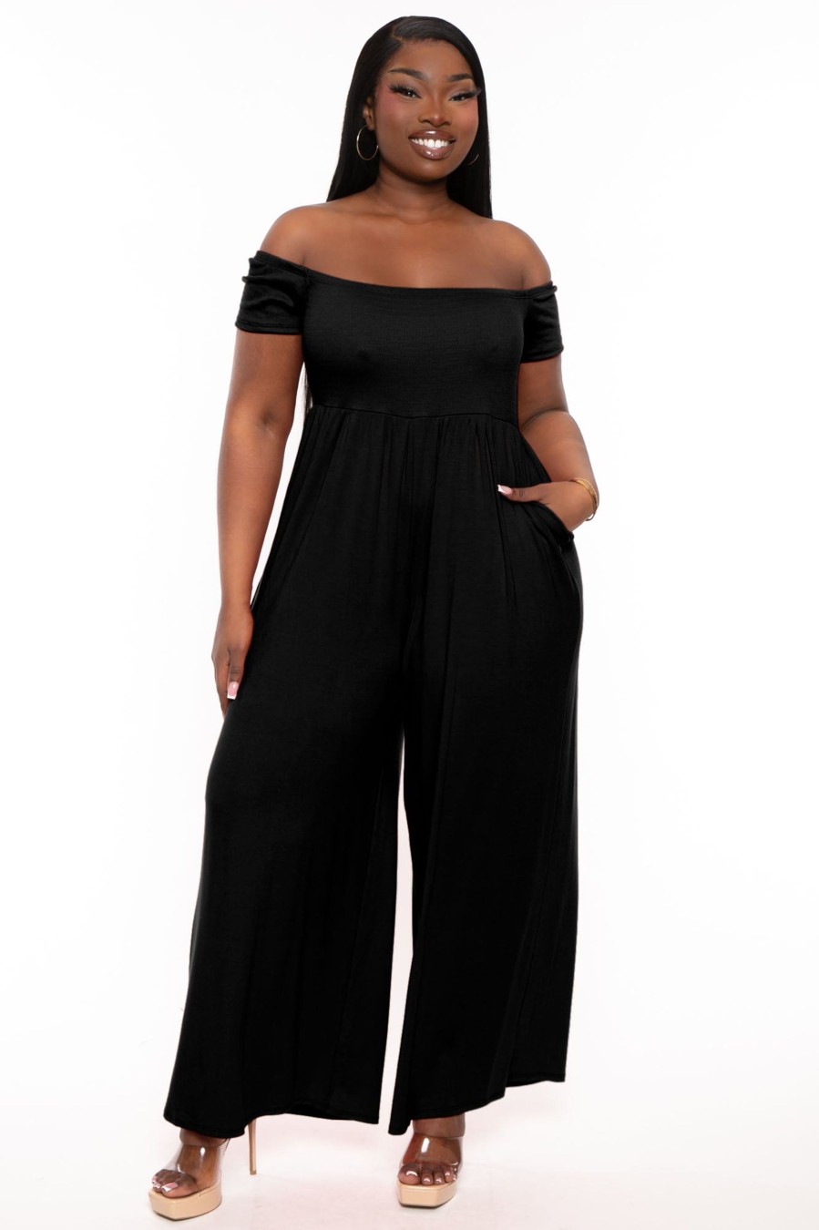 Little Black Styles Curvy Sense | Plus Size Eileen Off The Shoulder Jumpsuit Black