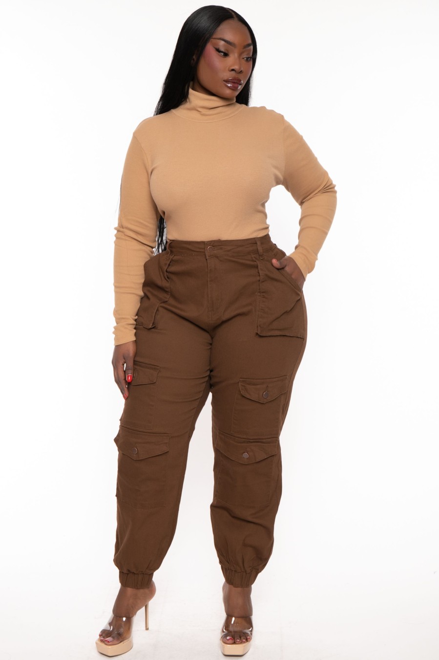 Jeans & Denim American Bazi | Plus Size High Rise Multi Pocket Jogger Brown