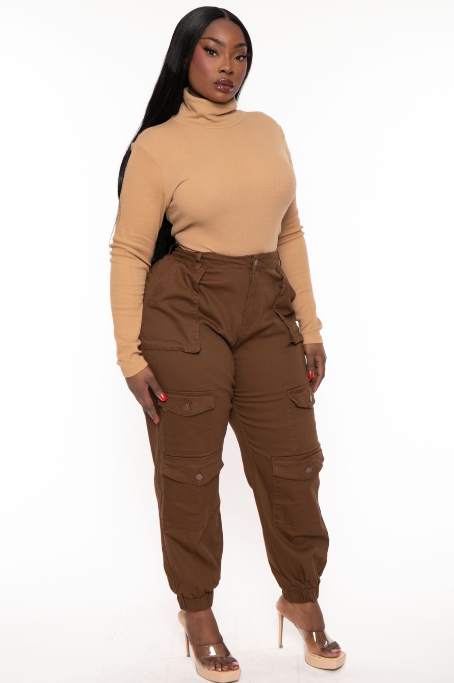 Jeans & Denim American Bazi | Plus Size High Rise Multi Pocket Jogger Brown