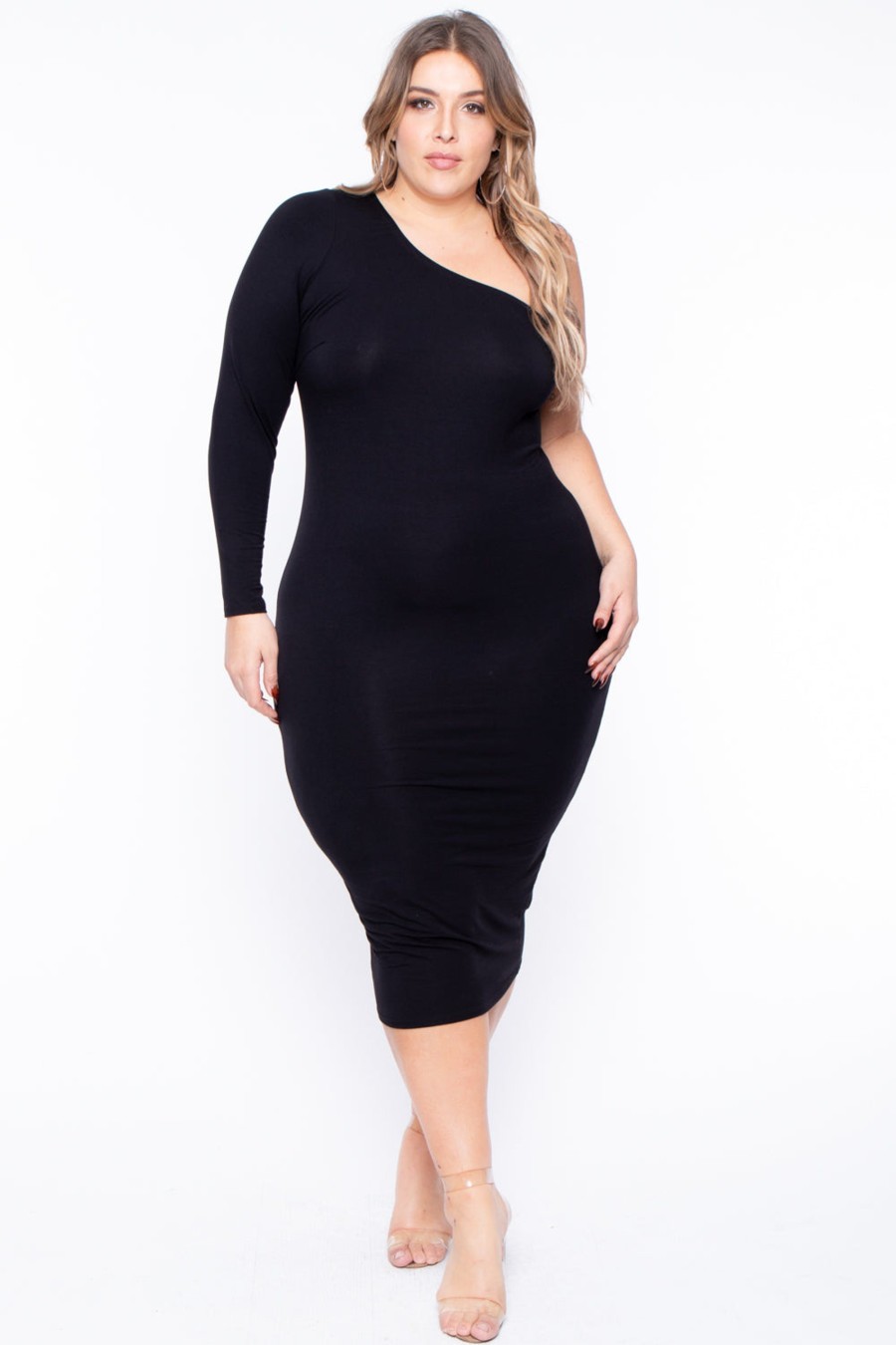 Little Black Styles Curvy Sense | Plus Size Ebony One Shoulder Dress Black