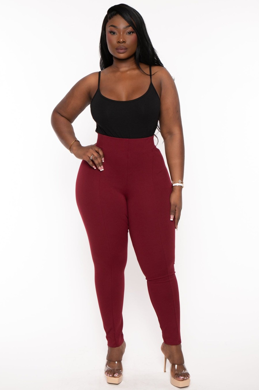 Bottoms Curvy Sense | Plus Size Belleann High Waist Ponti Leggings Burgundy