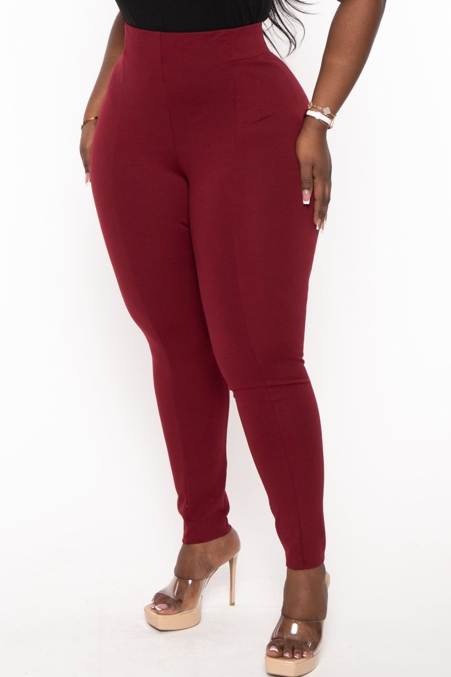 Bottoms Curvy Sense | Plus Size Belleann High Waist Ponti Leggings Burgundy