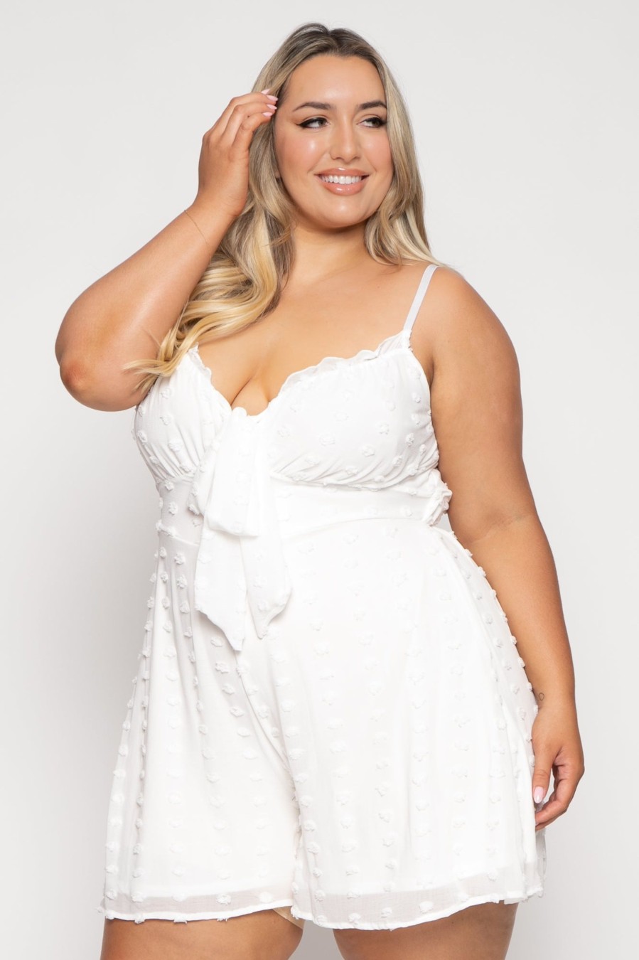 Jumpsuits & Rompers Curvy Sense | Plus Size Abigail Clip Dot Chiffon Romper Ivory