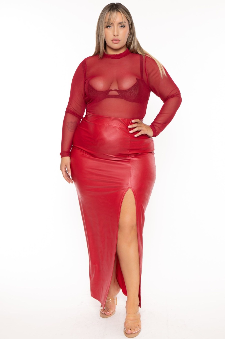 Bottoms Curvy Sense | Plus Size Jani Faux Leather Maxi Skirt Red