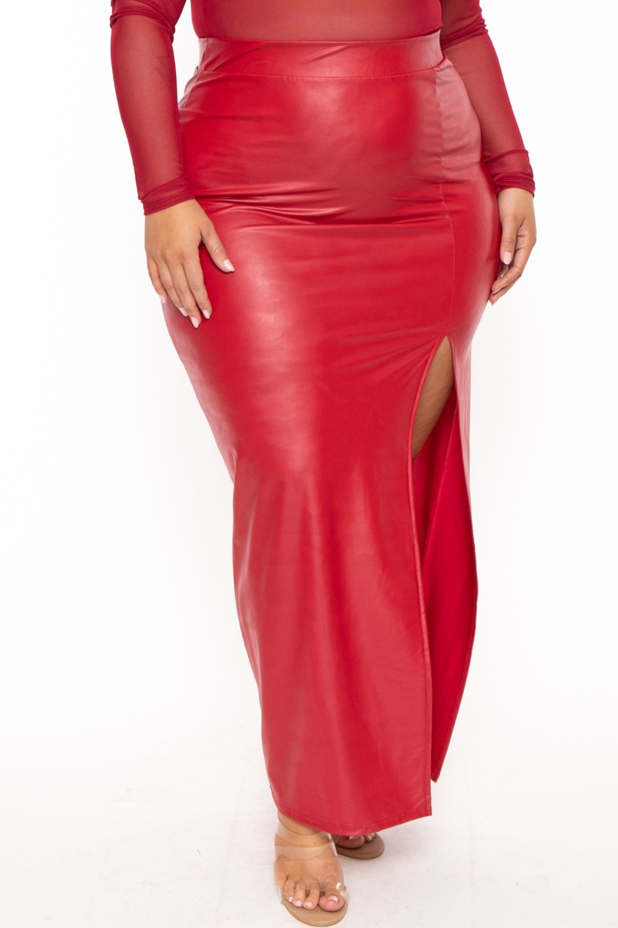 Bottoms Curvy Sense | Plus Size Jani Faux Leather Maxi Skirt Red