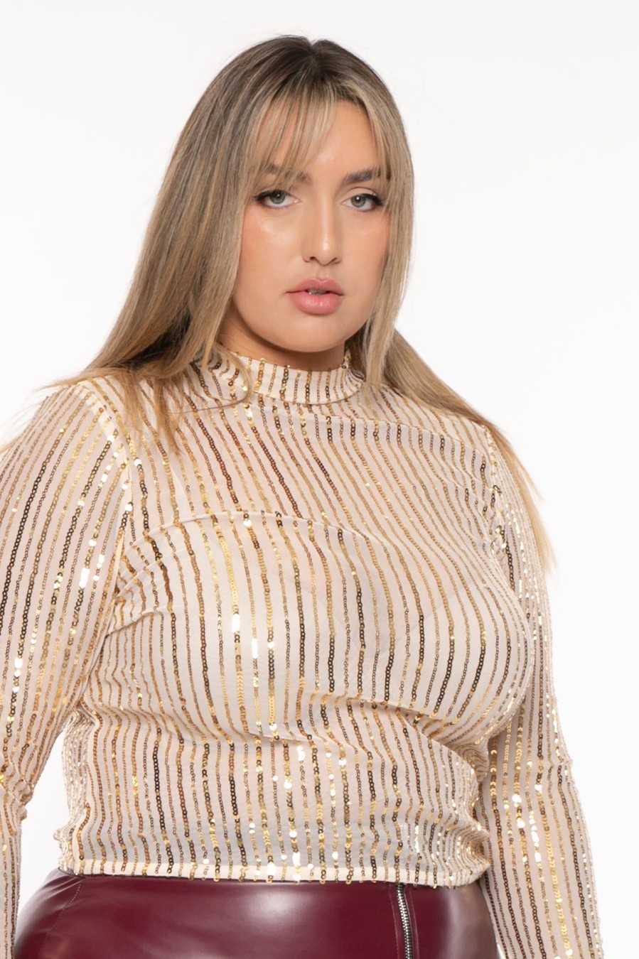 Tops Curvy Sense | Plus Size Mercedes Sequins Mesh Top Gold