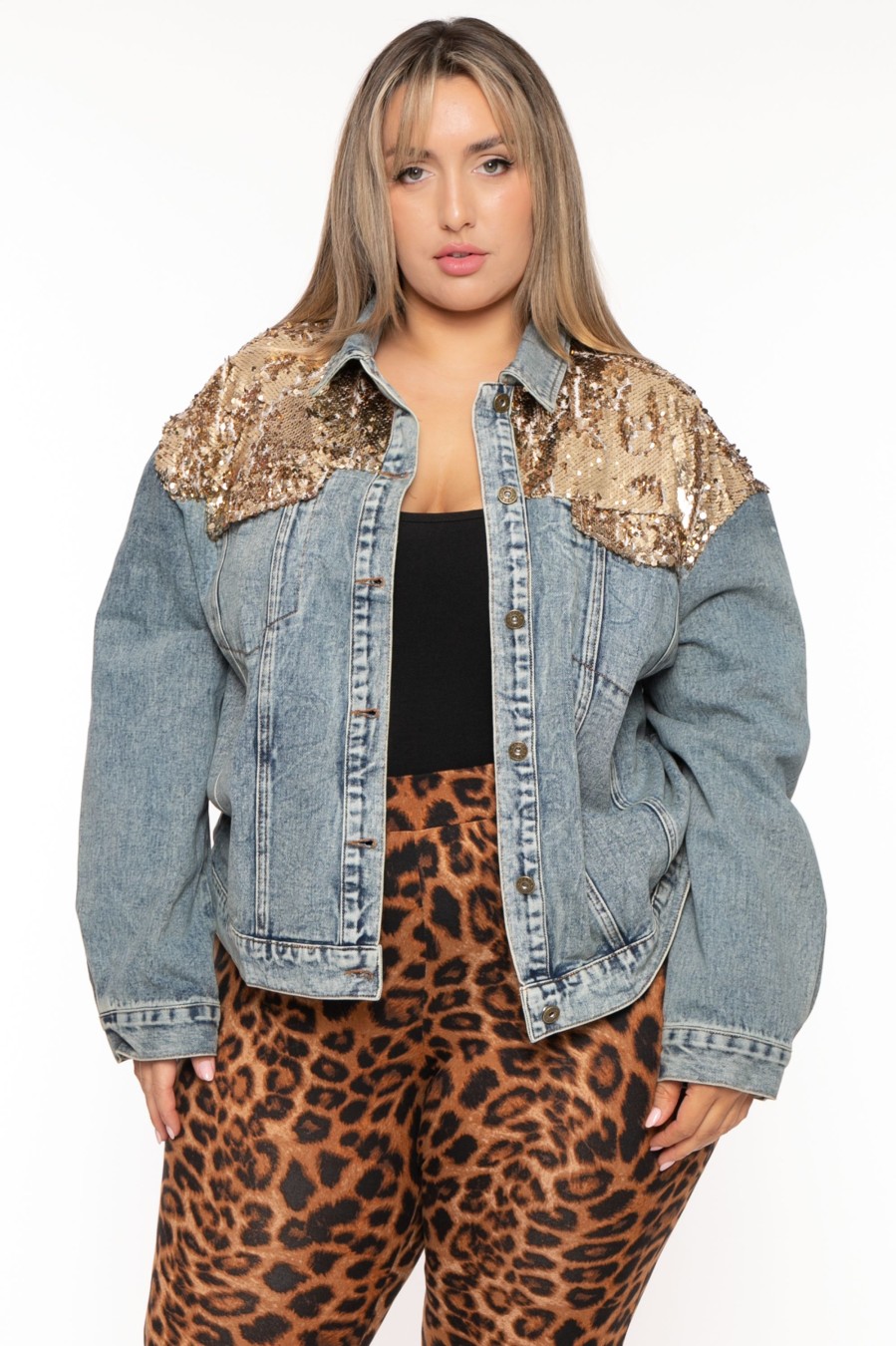 Outerwear GEE GEE | Plus Size Starlette Denim /Sequins Jacket Medium Blue