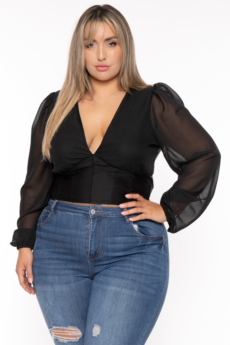 Tops Curvy Sense | Plus Size Priya Chiffon Top Black