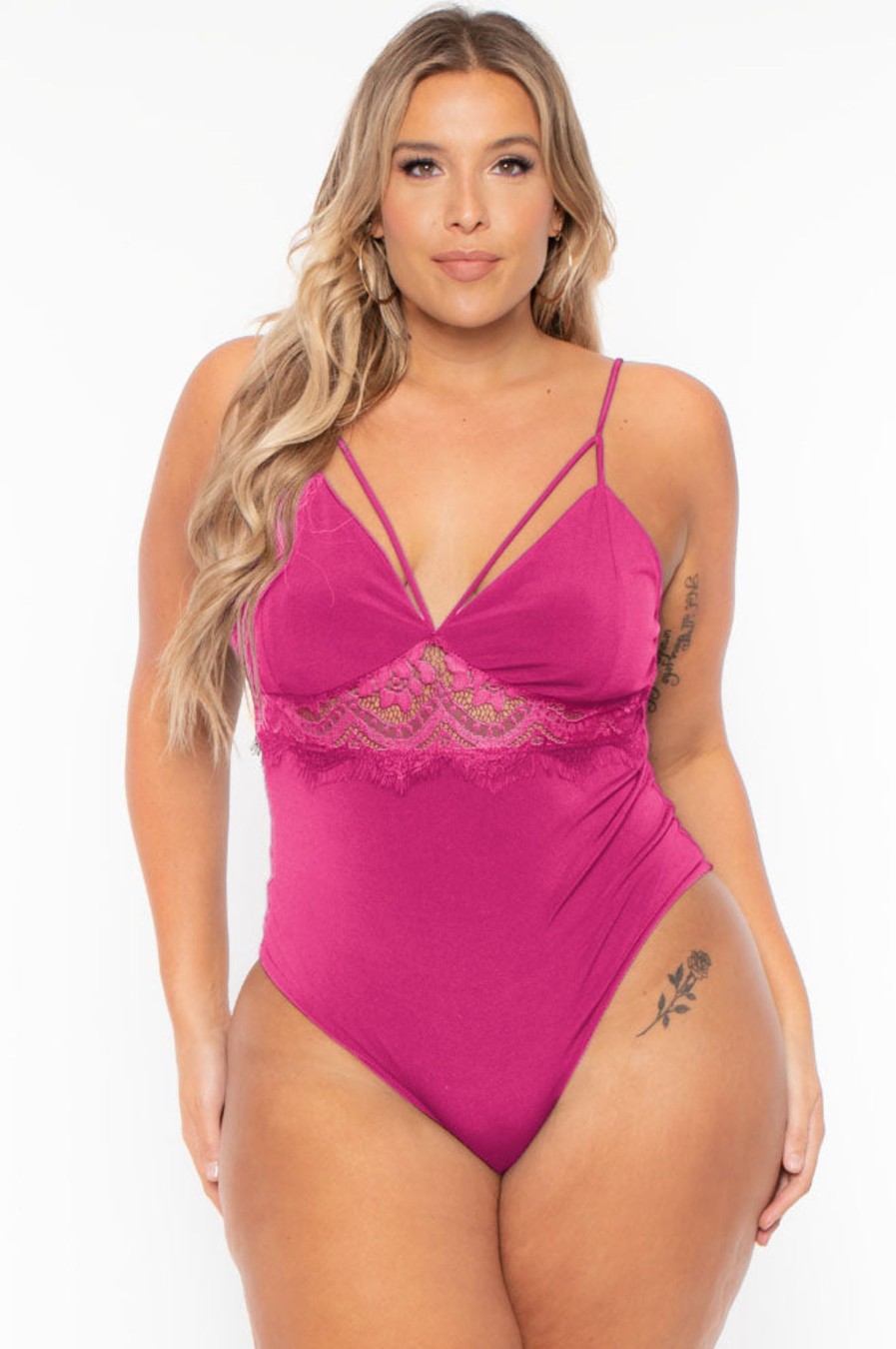 Tops Bluebell | Plus Size Cassandra Cut Out Lace Bodysuit Fuchsia