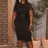 Little Black Styles Curvy Sense | Plus Size Zelie Belted Mesh Midi Dress Black