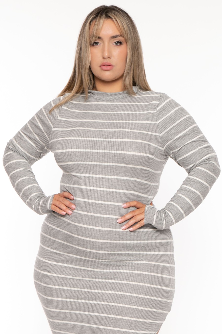 Dresses Curvy Sense | Plus Size Striped Ribbed Maxi Dress Grey