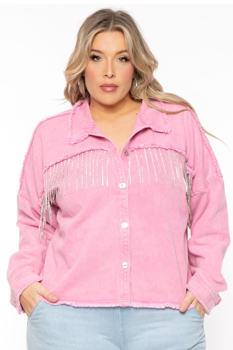 Outerwear GEE GEE | Plus Size Rhinestone Denim Jacket Pink