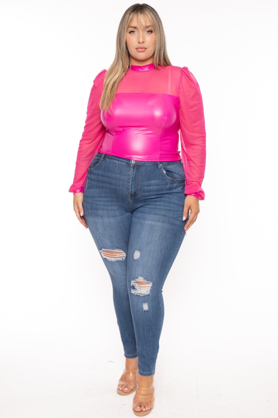 Tops Curvy Sense | Plus Size Charlotte Faux Leather Top Fuchsia